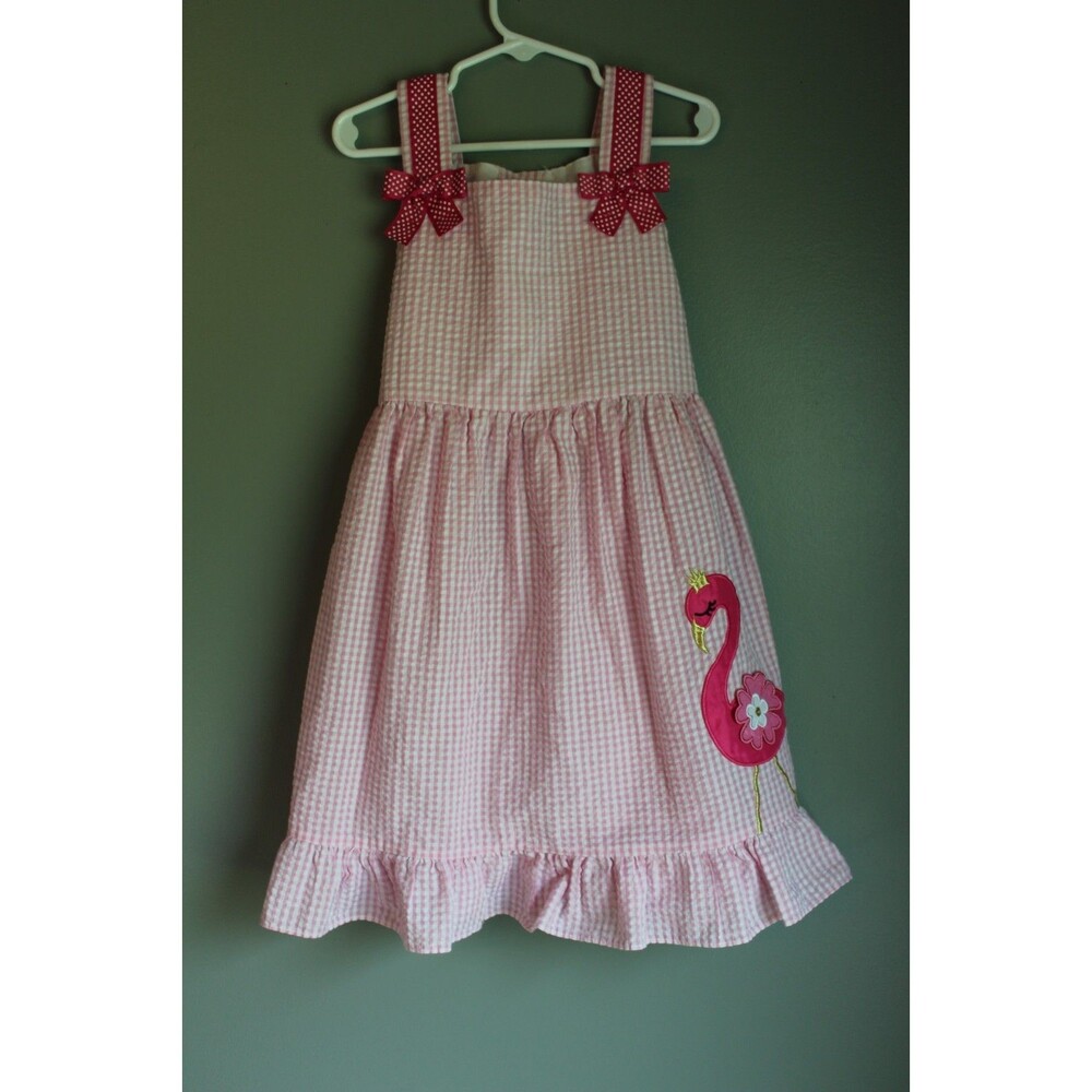 Counting Daisies Girls Sz 6 Pink Flamingo Sleeveless Seersucker Gingham Dress